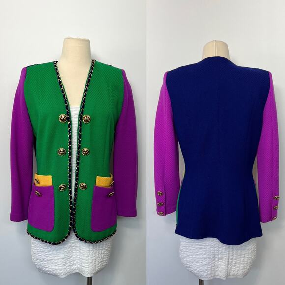 St. John Knit Blazer Double Breasted Color-Block Chain Accent Gold Buttons | 8 - Picture 2 of 15